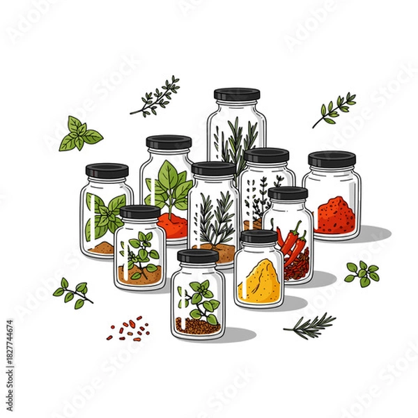 Obraz Collection of glass jars filled with herbs and spices on white background  
