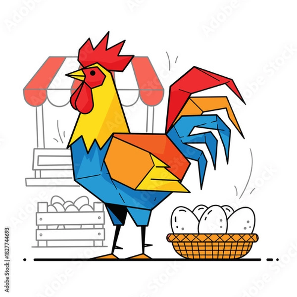 Obraz Colorful geometric rooster standing beside basket of fresh eggs at market  