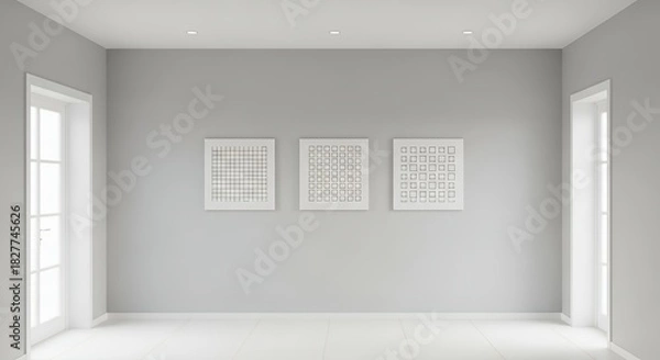 Obraz Empty Modern Room with Three Blank Frames and Natural Light.