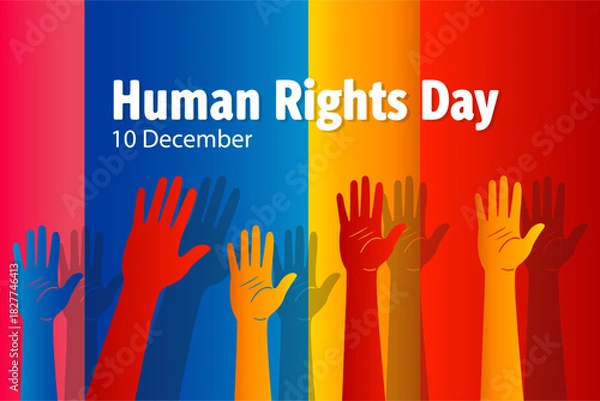 Fototapeta An illustrative banner design for Human Rights Day on December 10, featuring diverse raised hands symbolizing equality, freedom, and justice against a vibrant, striped background in primary colors.