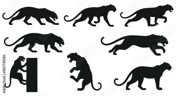 Fototapeta Collection of black panther and jaguar silhouettes in various dynamic poses