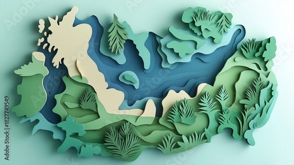 Fototapeta Stunning papercut map art showcasing nature's beauty with layered depth and serene environmental design