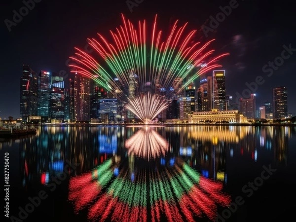 Obraz Spectacular fireworks display over the singapore skyline at night, reflecting in the water, creating a vibrant and festive atmosphere
