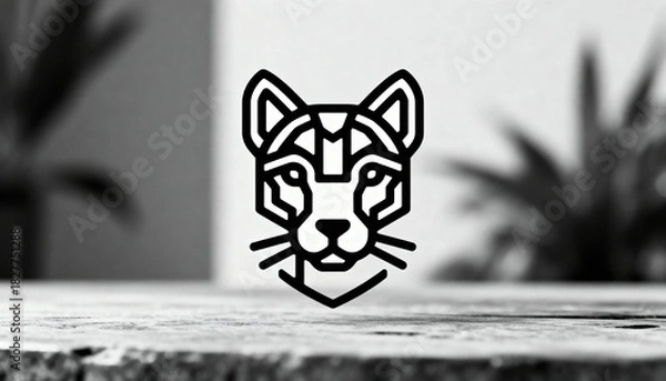 Fototapeta Black and white, low-angle, stylized, geometric logo of a cheetah's head in a bold linear style, against a blurred background. Perfect for premium branding, modern logos, sports teams, tech companies,