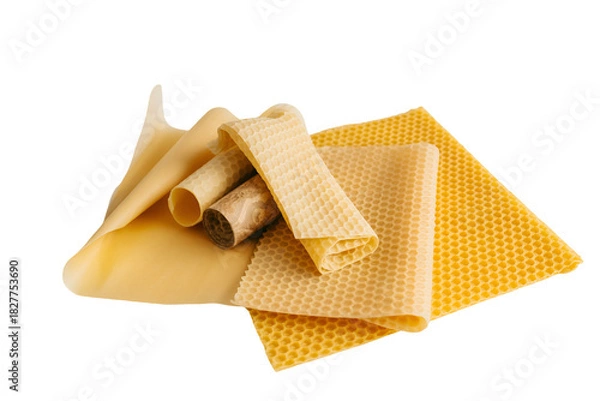 Fototapeta Rolled and unfolded beeswax wraps for food storage isolated on transparent background