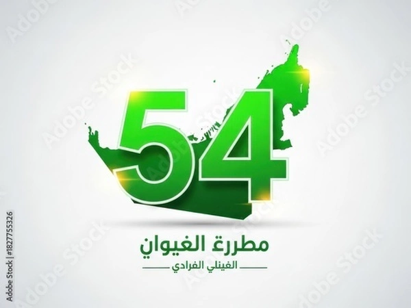 Obraz Celebrating the 54th uae national day with a vibrant green map and the number 54, symbolizing unity and progress isolated on white background