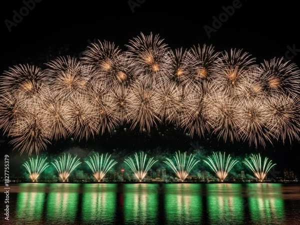 Obraz A mesmerizing display of fireworks illuminates the night sky over a tranquil body of water, creating a stunning reflection of light and color