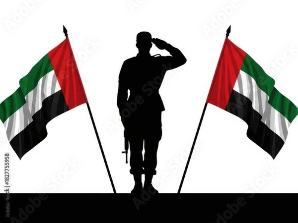 Obraz Silhouette of a soldier saluting with the united arab emirates flag isolated on white background, symbolizing national pride and military service