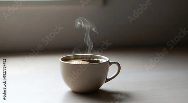 Fototapeta Steaming hot coffee in a minimalist ceramic mug on a light wooden table, capturing the essence of morning tranquility and comfort in a quiet space.