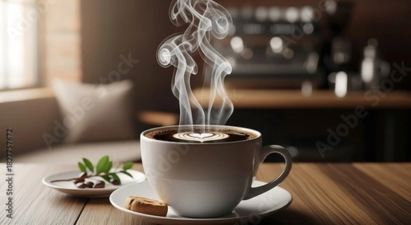 Fototapeta Steaming hot coffee with elegant heart latte art, served in a white cup on a rustic wooden table, creating a warm and tranquil morning scene.