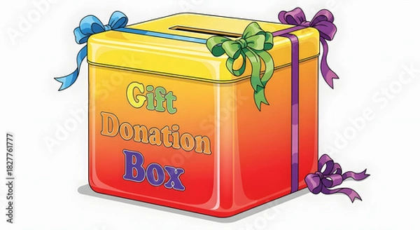 Fototapeta Gift donation box with colorful ribbons and a slot for donations, showcasing gift donation box concept. Box designed for charitable contributions, adorned with vibrant ribbons.