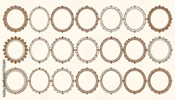 Obraz Assorted ornate brown round frames arranged in rows on a cream background for decorative design elements