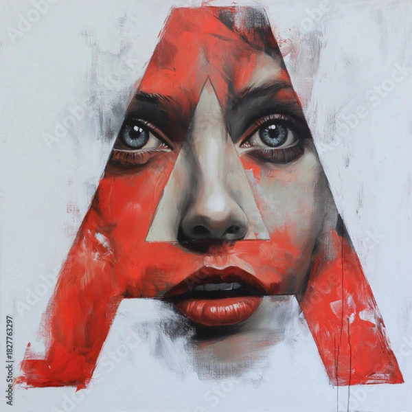 Fototapeta Striking portrait featuring a woman's face framed by a bold artistic letter A in vibrant red hues