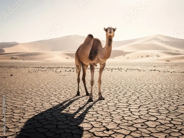 Obraz A dromedary camel stands in the arid desert landscape, its shadow stretching across the cracked earth, with sand dunes in the background on a sunny day