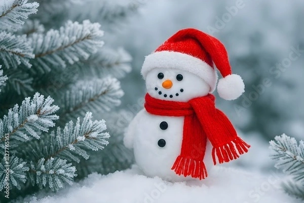 Obraz Winter Snowman with Red Hat and Scarf Among Frosty Evergreen Branches