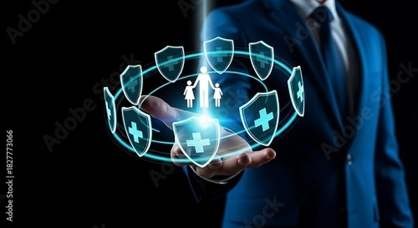 Fototapeta Businessman holding a glowing holographic shield protecting a family and medical symbols