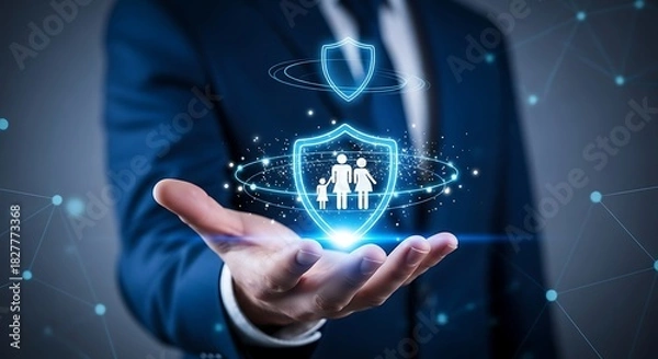Fototapeta Businessman holding a glowing shield protecting a family symbolizing security and insurance