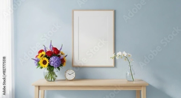 Obraz Blank canvas above colorful bouquet and vase on a table