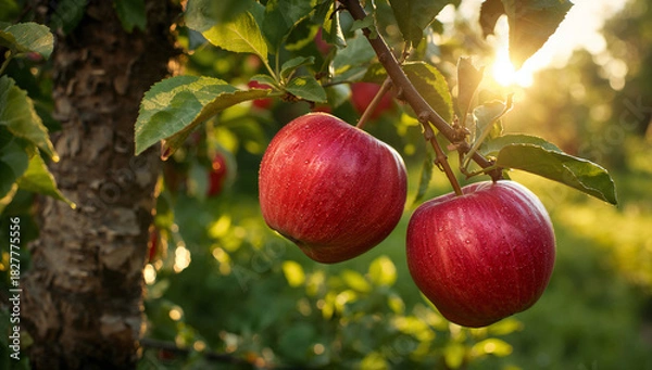 Fototapeta Two ripe red apples hanging on a tree branch, bathed in warm sunlight, symbolizing harvest and nature bounty.