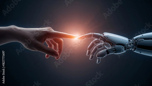 Obraz A human hand touching the finger of a robotic hand, symbolizing the connection between man and machine.
