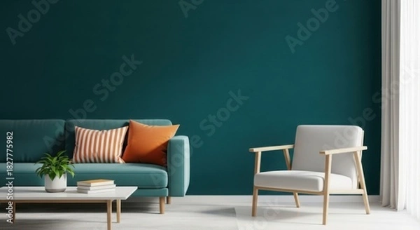 Obraz Modern living room with teal walls and comfortable seating arrangement