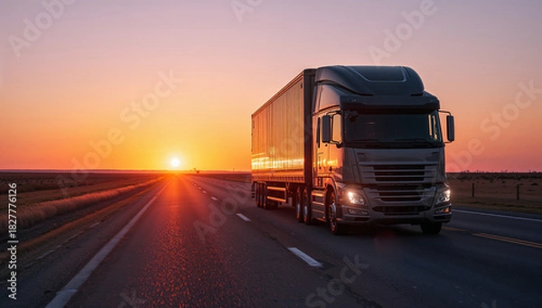 Obraz A trucking vehicle on the road at sunset, symbolizing long-haul travel, freight, and logistics in a scenic view.