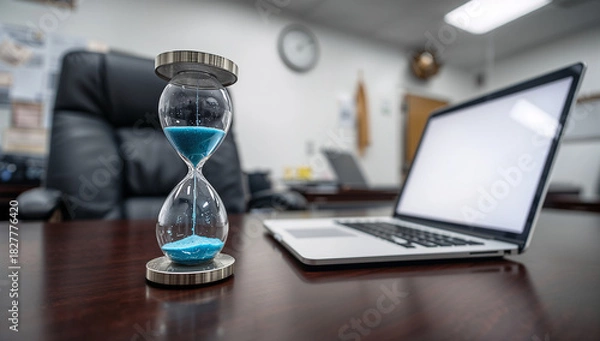 Obraz An hourglass with blue sand on a laptop, representing time running out and the connection between technology and time.