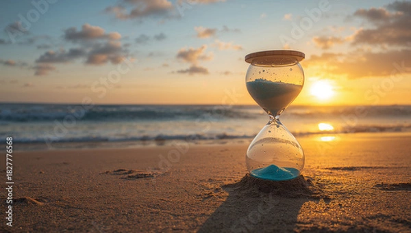 Fototapeta Hourglass filled with blue sand on the sandy beach at sunset, representing time, nature, and serenity.