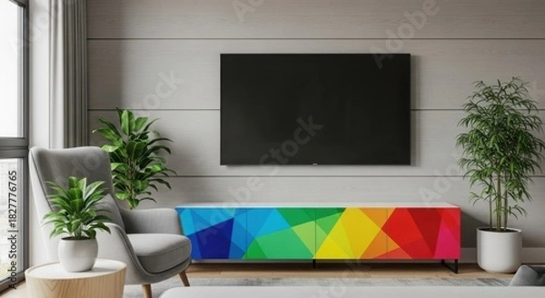 Obraz Modern living room with a vibrant rainbow geometric pattern cabinet and a large television screen