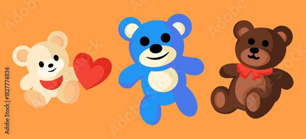 Fototapeta Three cute, funny, colorful teddy bear mascots. Vector illustration set.