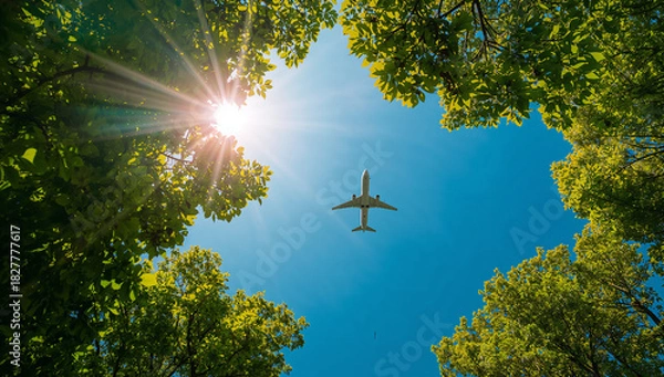 Fototapeta Clear blue sky with an airplane flying above green trees, symbolizing the harmony of nature and aviation.