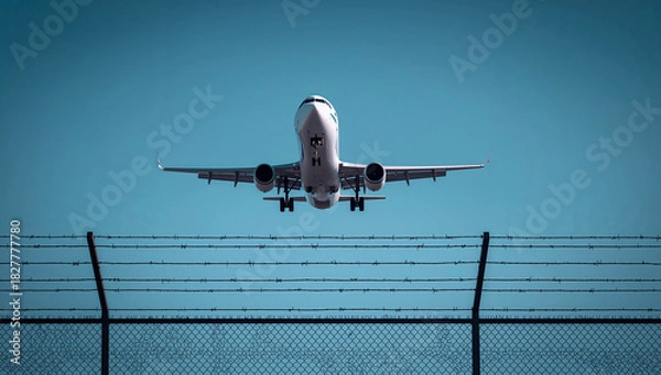 Fototapeta A airplane flying above a chain link fence with barbed wire, representing airport security and aviation.