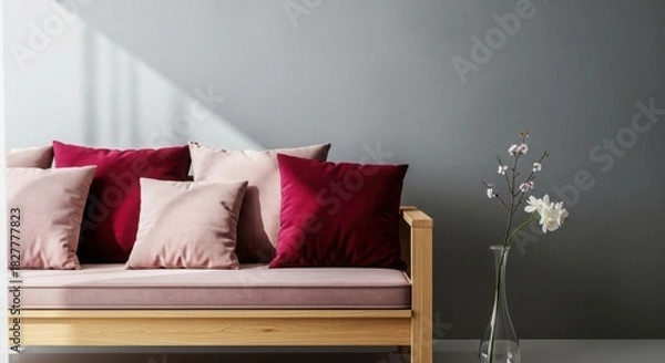 Obraz Cozy sofa with plush cushions and decorative pillows for a relaxing living space