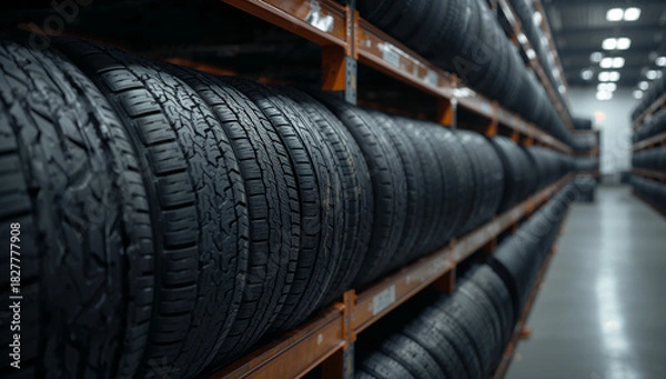 Fototapeta A close up shot of car tires stacked neatly in a warehouse, representing tire storage and automotive industry.