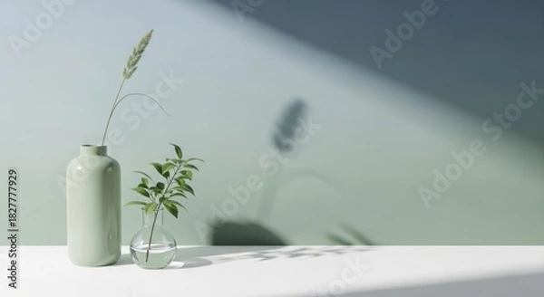 Obraz Modern minimalist product mockup with greenery and soft shadows for lifestyle branding