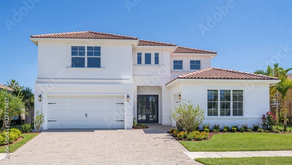 Fototapeta Beautiful modern home with a spacious driveway and lush landscaping, showcasing contemporary architecture.