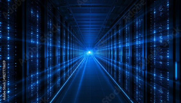 Fototapeta Futuristic server hall with a glowing blue ambiance, representing a cutting edge data center environment.