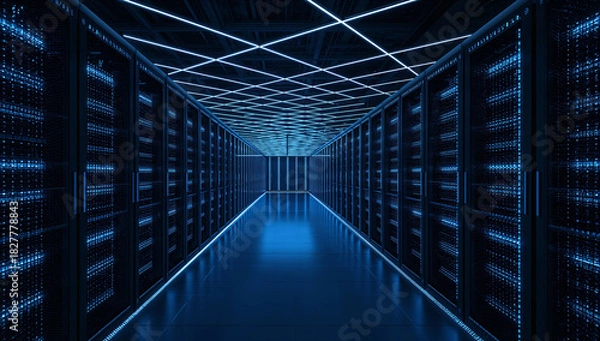Obraz Futuristic data center with rows of servers glowing in blue lights, showcasing modern technology infrastructure.