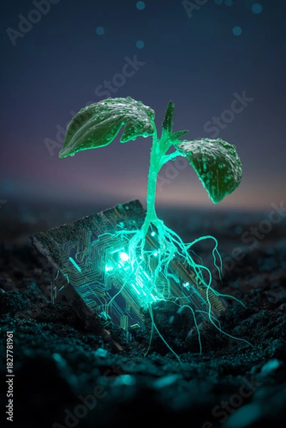 Obraz futuristic and eco-technological concept, combining elements of nature and technology. It features a vibrant green seedling emerging from a glowing, circuit-like structure embedded in the soil
