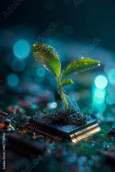 Obraz futuristic and eco-technological concept, combining elements of nature and technology. It features a vibrant green seedling emerging from a glowing, circuit-like structure embedded in the soil