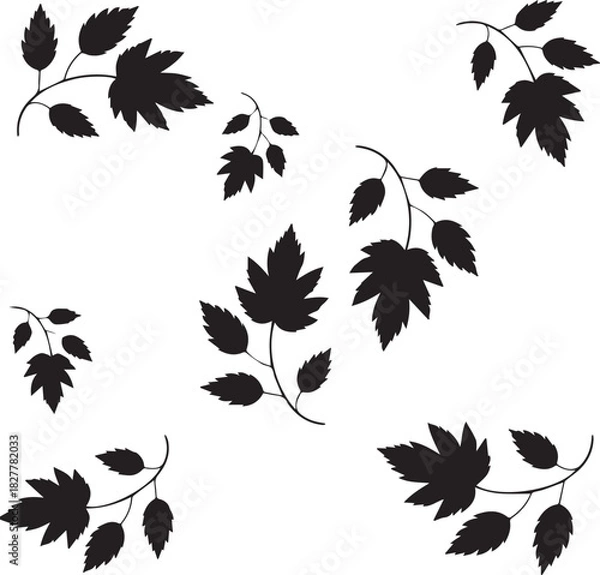 Fototapeta Black leaf silhouettes arranged on a white background in a scattered pattern