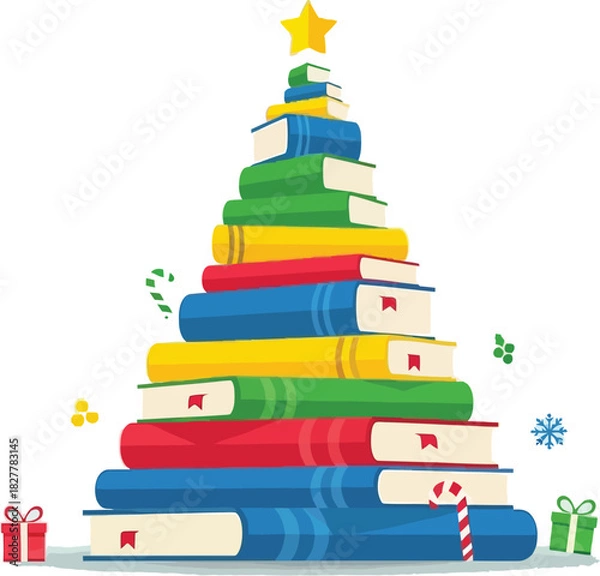 Obraz Festive Christmas tree formed from colorful books, adorned with a bright star, candy canes and gifts for a playful holiday learning concept
