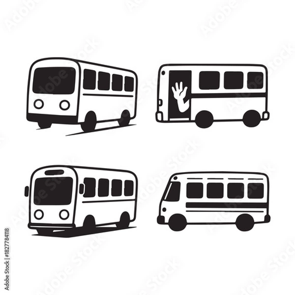 Fototapeta Vector School Bus and Minibus Icons Passenger Transport Vehicle Collection Set.