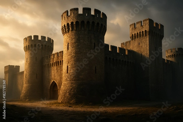Fototapeta Ancient stone castle with towers and a gate under a dramatic sky