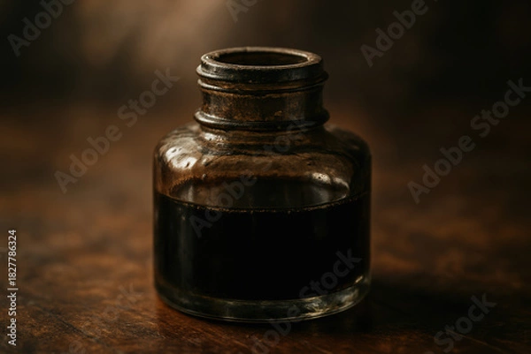 Obraz Antique ink bottle with dark liquid on a wooden surface, close-up shot