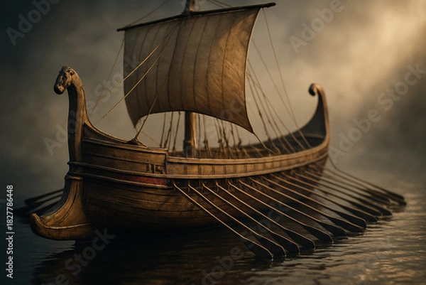 Fototapeta Ancient wooden warship sailing on the water with oars and a sail