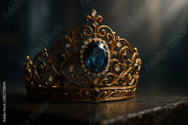 Fototapeta Exquisite golden crown with a large blue gemstone and sparkling diamonds