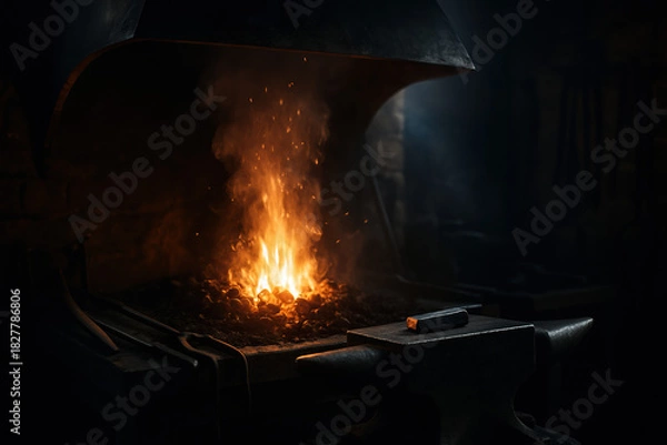 Fototapeta Blacksmith's forge with glowing fire and anvil in a dimly lit workshop