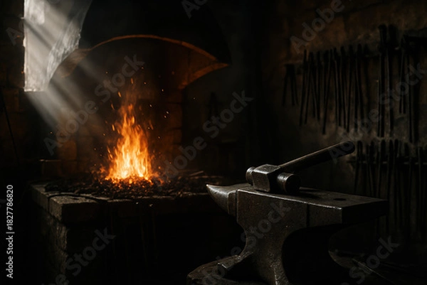 Obraz Dramatic view of a blacksmith's forge with fire, anvil, and tools