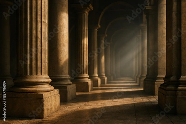 Fototapeta Ancient colonnade with sunlight streaming through the arches, creating a dramatic effect